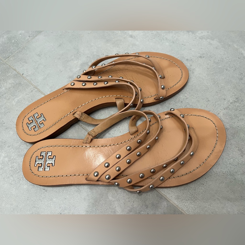 Tory Burch Patos Studded Strappy Sandals Tan Leather Size 8